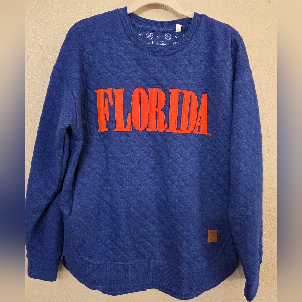 NWOT Pressbox Blue Quilted Florida Gators Sweater with Orange Lettering